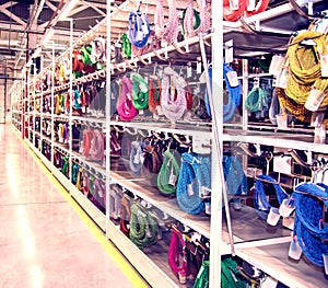 Industrial landscape with stainless steel wire rope racks at a modern plant for the production of electric wiring for automobiles