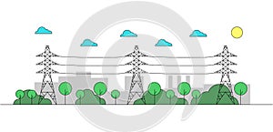 Industrial landscape with steel power lines. Editable strokes. Linear illustration.