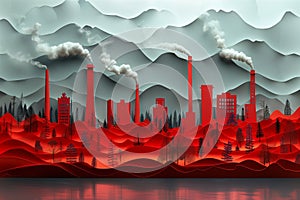 Industrial Landscape: Stylized Mountains, Trees, and Buildings