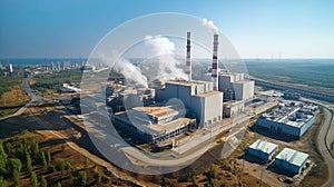 Industrial landscape, with Traditional thermal power plant generating heat, producing steam and smog. Environmental concept