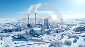 Industrial landscape, with Traditional thermal power plant generating heat, producing steam and smog. Environmental concept