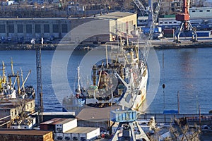 Industrial landscape with a view of the Diomidovsky port. Vladivostok, Russia