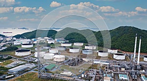 The Industrial landscape view with oil refinery plant form industry zone ,which the factory - petrochemical plant, Shot from drone