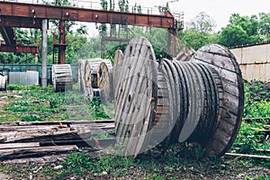 Industrial landscape, wood material rusty steel cable Coils