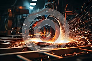 Industrial laser cutting part with sparks flying in the air