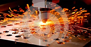 Industrial laser cutting technology, spark flat steel sheet fabrication technology - AI generated image