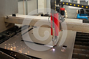 Industrial laser or plasma cutting processing manufacture technology of flat metal sheet. steel material with sparks