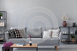 Industrial living room with simple grey sofa with copy space on the wall