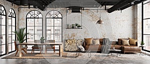 Industrial loft living and dining room interior with sofa and brick wall.Panorama view.3d rendering