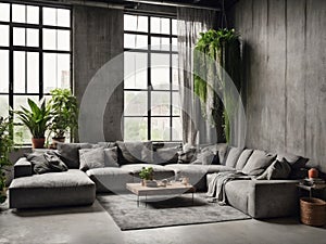 Industrial and loft living room interior with concrete wall, gray sofa, pillows, curtain, large windows and plants. Home decor