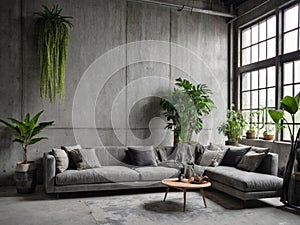 Industrial and loft living room interior with concrete wall, gray sofa, pillows, curtain, large windows and plants. Home decor