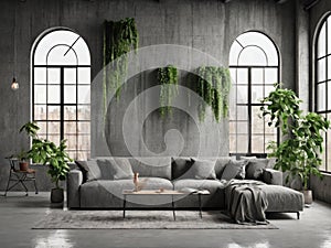 Industrial and loft living room interior with concrete wall, gray sofa, pillows, curtain, large windows and plants. Home decor