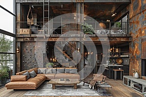 Industrial loft with a rock climbing wall and mezzanine levels