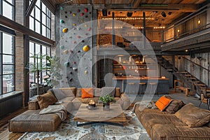 Industrial loft with a rock climbing wall and mezzanine levels