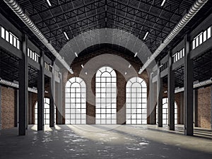 Industrial loft style empty old warehouse interior 3d render
