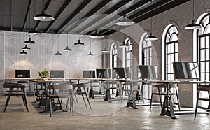 Industrial loft style office with arch shape window 3d render photo