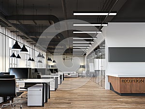 Industrial loft style office interior with black ceiling 3d render