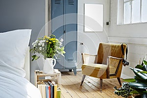 Industrial loft with vintage furniture morning light and plants