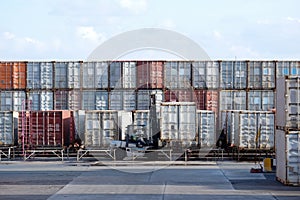 Industrial logistics transport forklift truck transport container box loading stacker at port to truck for shipping export and