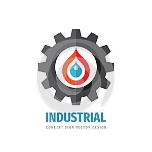Industrial logo template design. Gear icon. Water drop & fire flame. Industry factory concept sign. Power energy fuel. Vector