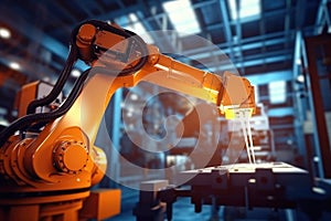 Industrial machine automatic robotic arm, industrial manufacturing process. Generative AI