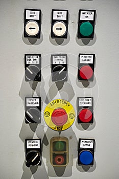 Industrial machine control panel with buttons and signals. center alarm button emergency, stop, side shift, overload, aktive