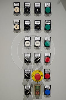 Industrial machine control panel with buttons and signals. center alarm button emergency, stop, side shift, overload, aktive