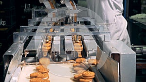 Industrial machine is producing biscuits and is being controlled by a female worker