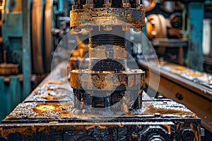 Industrial Machinery Close-up - Rusty Metal Gears and Cogs in Manufacturing Workshop