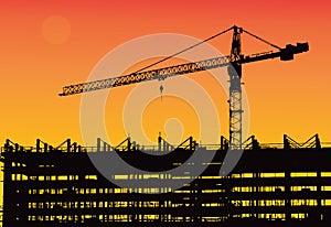 Industrial machinery and the construction crane. Cranes and skyscraper under construction, city skyline sunset, sunrise Buildin