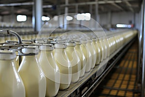 Industrial machinery filling milk and yogurt into plastic bottles at a modern dairy plant