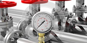 Industrial manometer on blur pipelines and valves background. 3d illustration