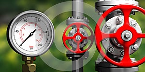 Industrial manometer, pipelines and valves on blur green background, 3d illustration