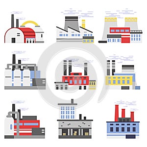 Industrial manufactory buildings set, power and chemical plant, factory vector illustrations