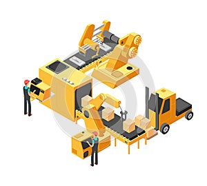 Industrial manufacturing conveyor line with packaging equipment and factory workers. 3d isometric vector illustration