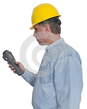 Industrial Manufacturing Worker With Hand Held Scanner Isolated