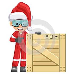 Industrial mechanic worker with Santa Claus hat with wooden box for delivery, storage and shipping. Engineer with his personal