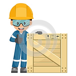 Industrial mechanic worker with thumb up with wooden box for delivery, storage and shipping. Engineer with his personal protective