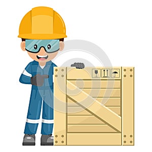 Industrial mechanic worker with wooden box for delivery, storage and shipping. Engineer with his personal protective equipment.