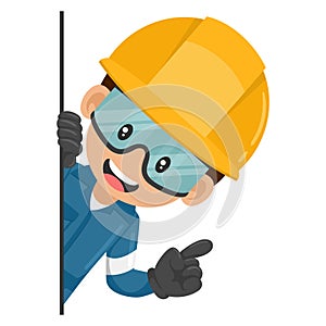 Industrial mechanical worker peeking out from behind a wall pointing finger. Express an idea and indicate it with the index finger