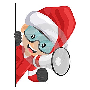 Industrial mechanical worker with Santa Claus hat peeking out from behind a wall making an announcement with a megaphone. Merry