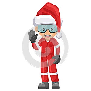 Industrial mechanical worker with Santa Claus hat saluting. Merry christmas. Express an idea in a presentation. Safety first.