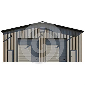 Industrial metal building with two large garage doors and two side doors on white background
