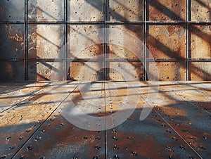 Industrial Metal Grid Stand Against a Raw Concrete Wall The cool metals blur into the urban toughness of the backdrop