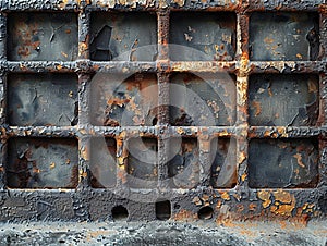 Industrial Metal Grid Stand Against a Raw Concrete Wall The cool metals blur into the urban toughness of the backdrop