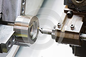 Industrial metal work machining process by cutting tool on CNC l