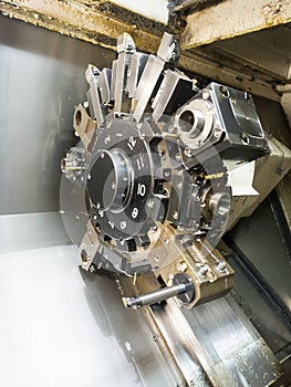 Industrial metal work machining process by cutting tool on CNC l