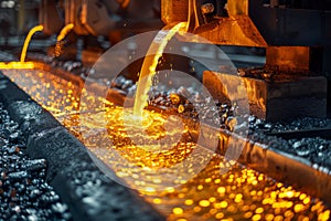 Industrial Metallurgy Process: Pouring Molten Metal in Foundry, Steel Manufacturing, High Temperature Furnace, Liquid Iron Casting