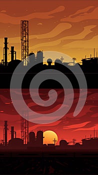 Industrial minimalist landscape with factory at sunset in a flat  style