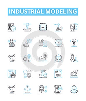 industrial modeling vector line icons set. Industrial, Modeling, Manufacturing, Process, Factory, Simulation, Analysis photo